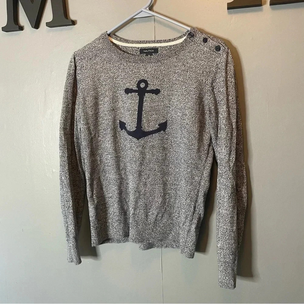 Nautica navy blue nautical anchor long sleeve knit sweater size small‎